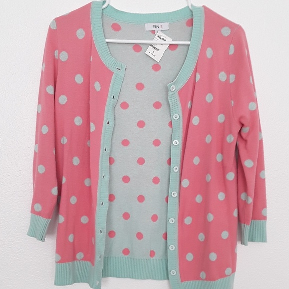 Womens Cardigan Mint and Pink pokadot - Picture 1 of 5